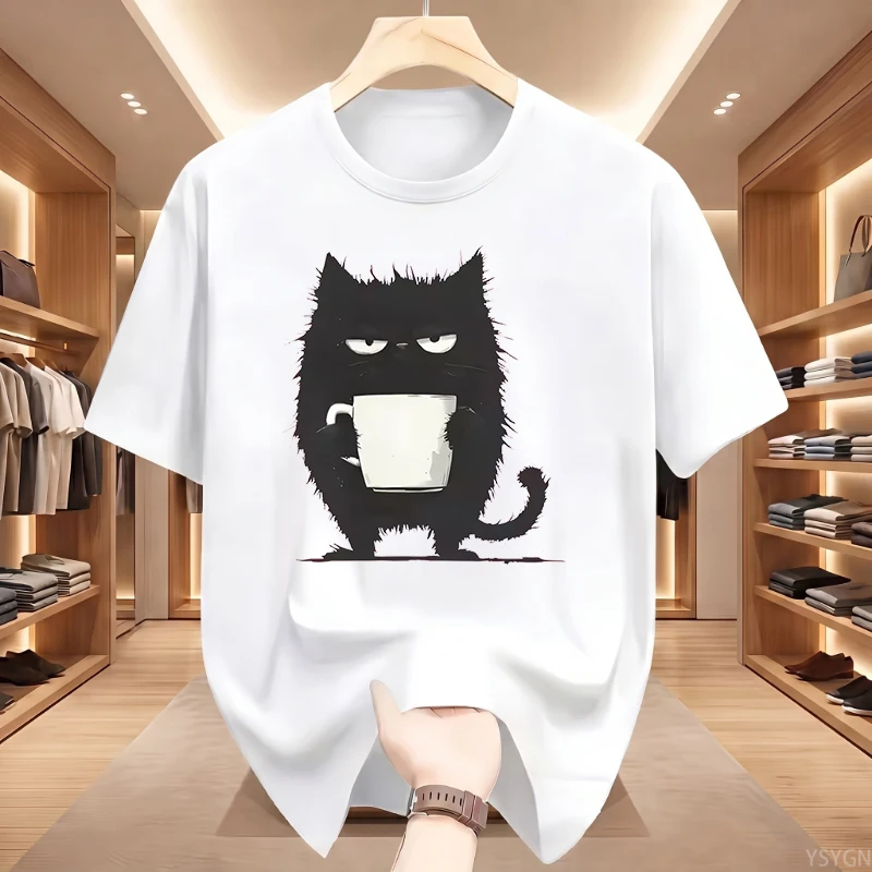 Funny Black Cat Coffee Cup Print T-Shirt Men Women Casual Short Sleeve Cotton Tee Cute Cat Lover Streetwear graphic t shirts