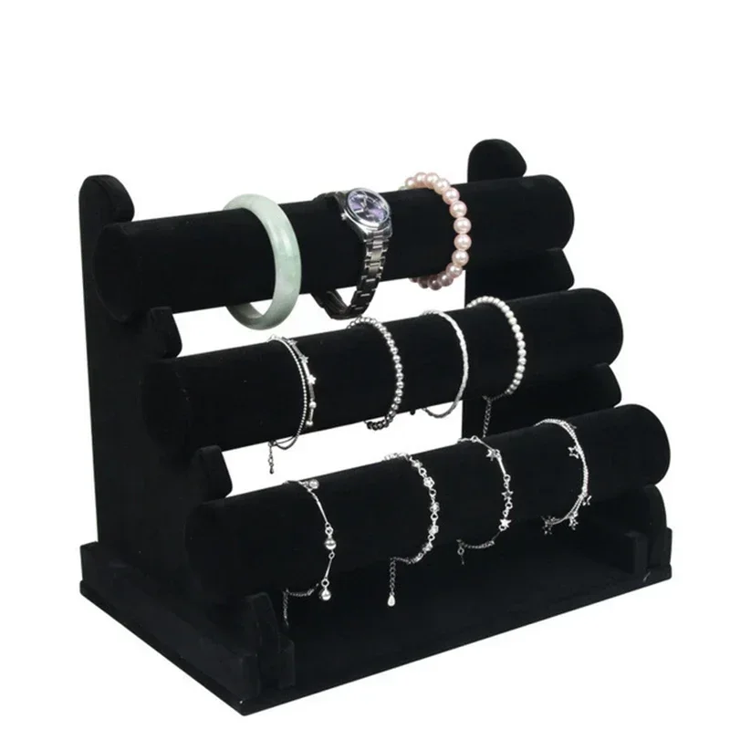 

3 Layers Black Velvet Jewelry Display Bracelet Chain Bangle Watch T-Bar Rack Jewelry Organizer Hard Display Stand Holder