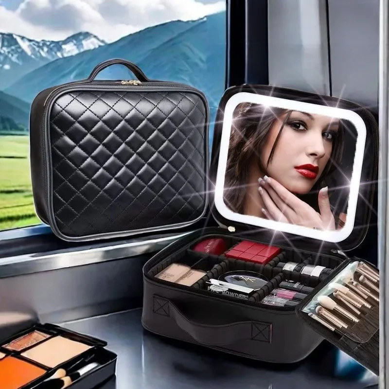 Charging PU leather travel makeup case with mirror and light, storage box, partition makeup bag