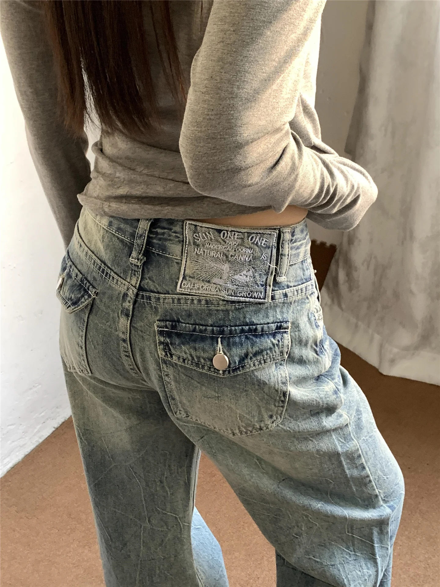 

Retro Straight Leg Jeans Women's Loose Drapey High Waist Extended Design Wide Leg Low Waist Pants Spring Autumn Cotton Ca...