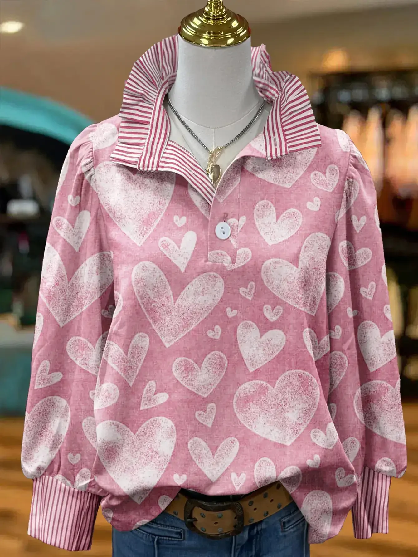 

2026Women's striped fresh and fashionable shirt with multi-color striped collar and Pink heart-shaped bubble print