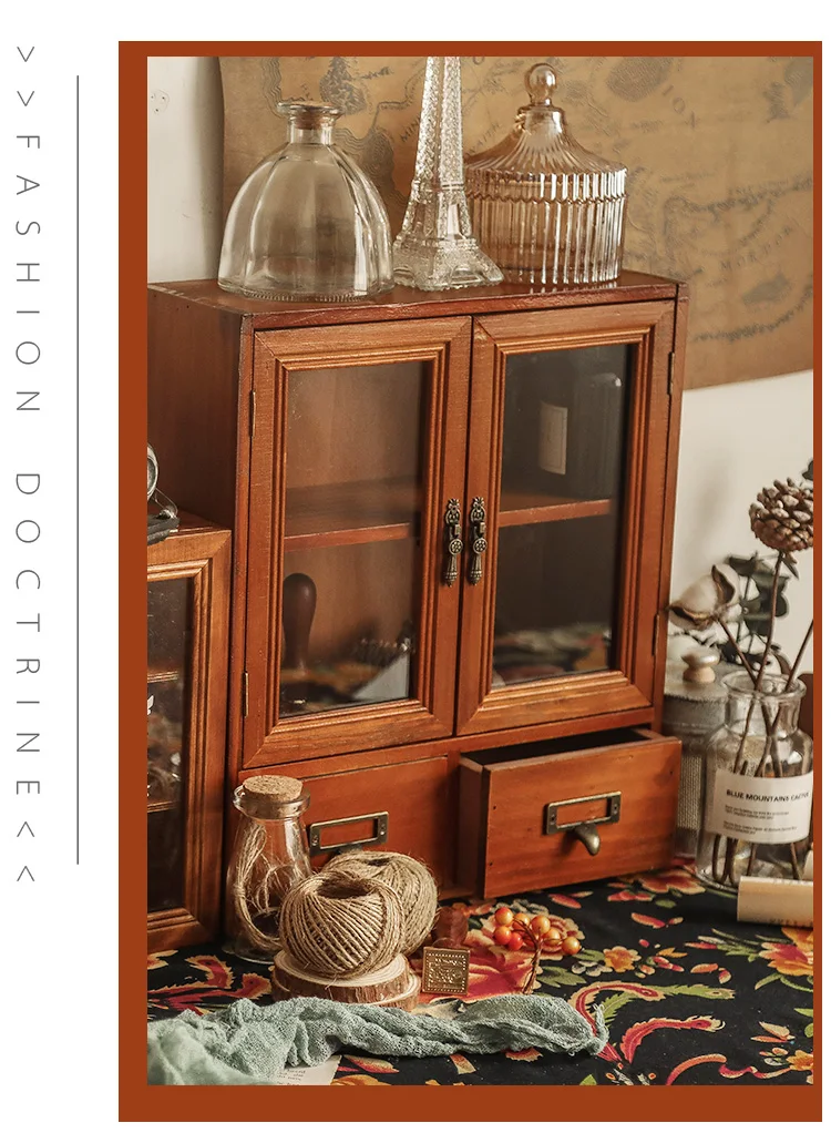 

Wooden Blind Box Display Case-Vintage Drawer Desktop Organizer Makeup&Cups Student Study Table Storage Shelf with Compartments
