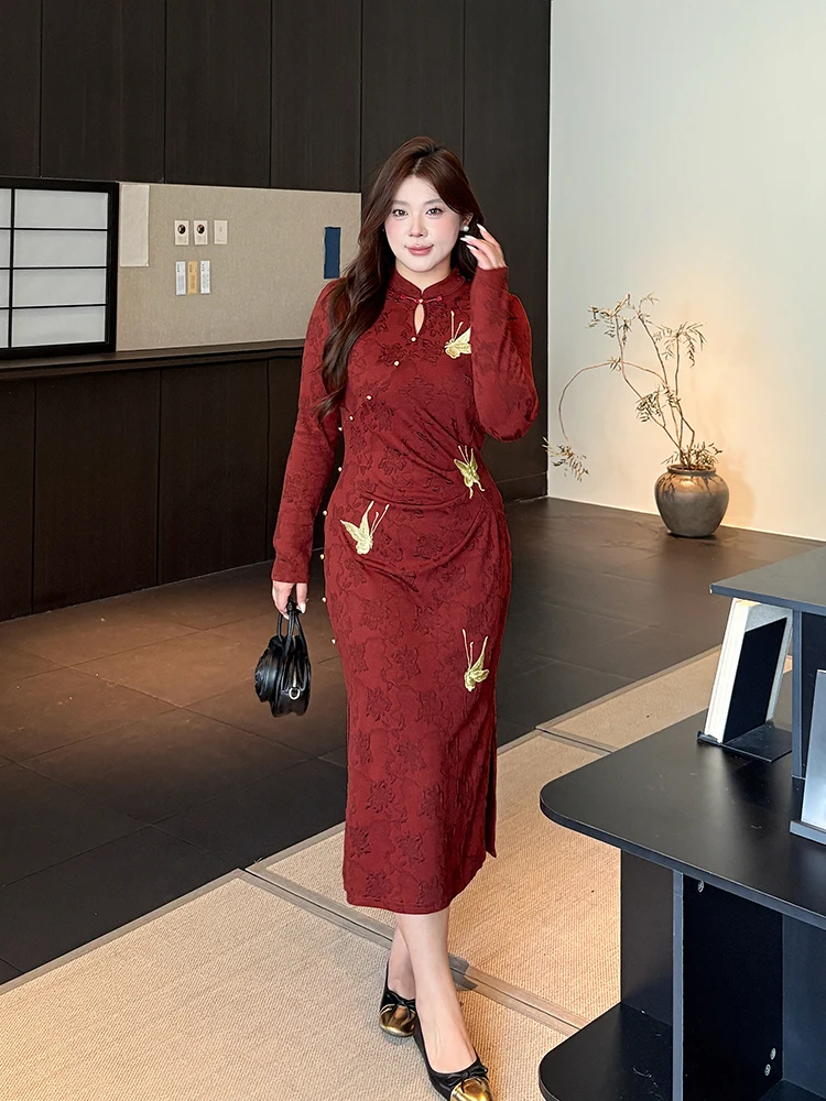 

Красное новое китайское свадебное платье для женщин больших размеров с пуговицами, вязаное, с высокой талией, длинными рукавами, миди, А-силуэт, юбка