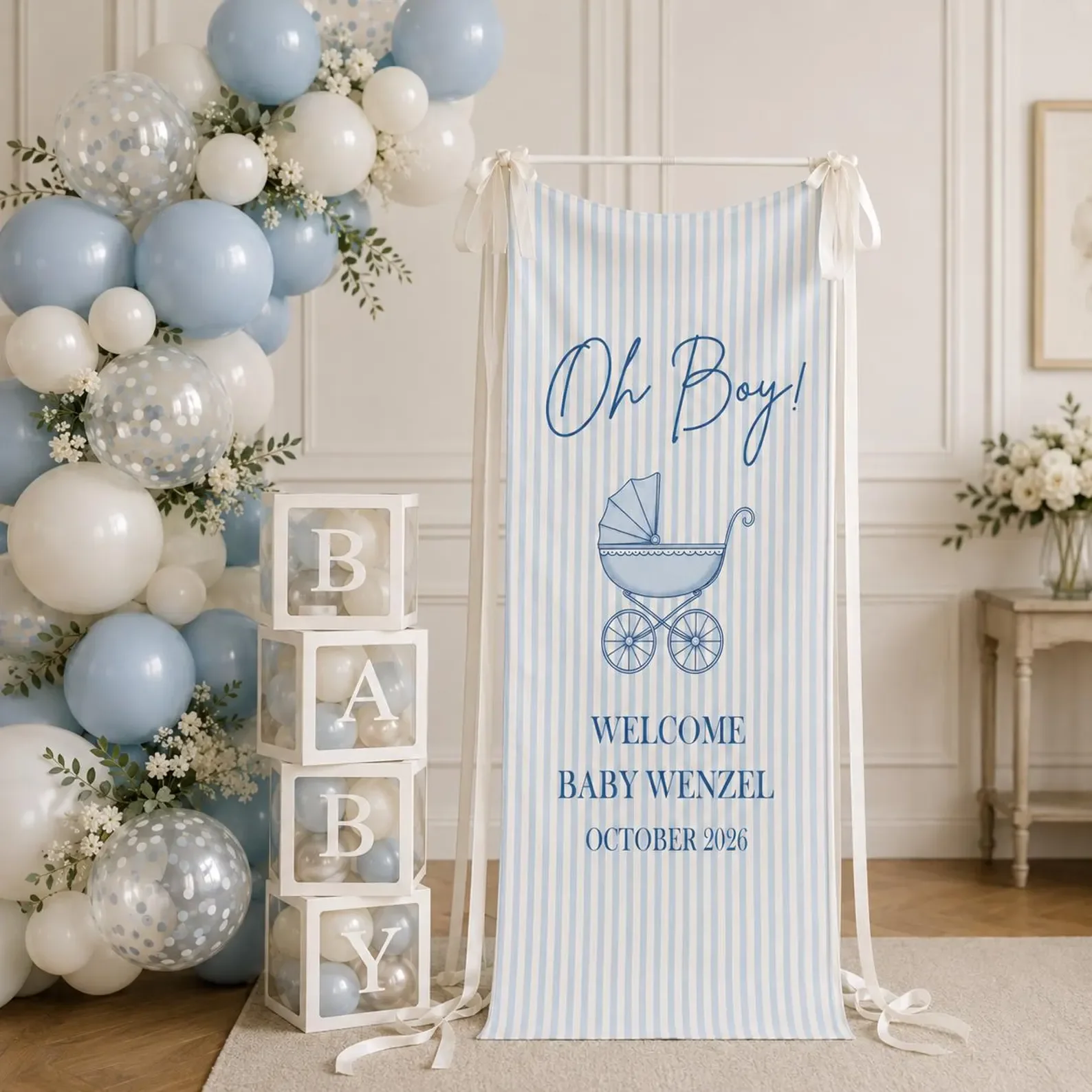 Personalized Linen Oh Boy Baby Shower Banner Custom Name Blue Stripe Pram Welcome Sign Boy Party Backdrop Decor