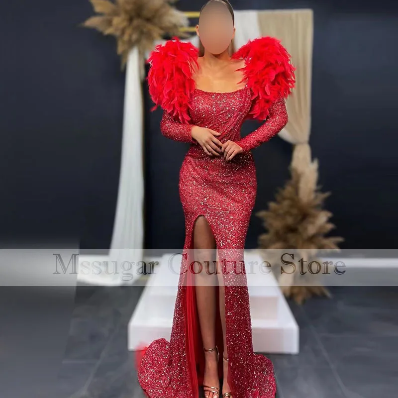 

Sexy Red Mermaid Evening Dresses 2023 Luxury Sequin Feather Long Sleeves Formal Prom Party Gown Women Wedding Robe soirée femme