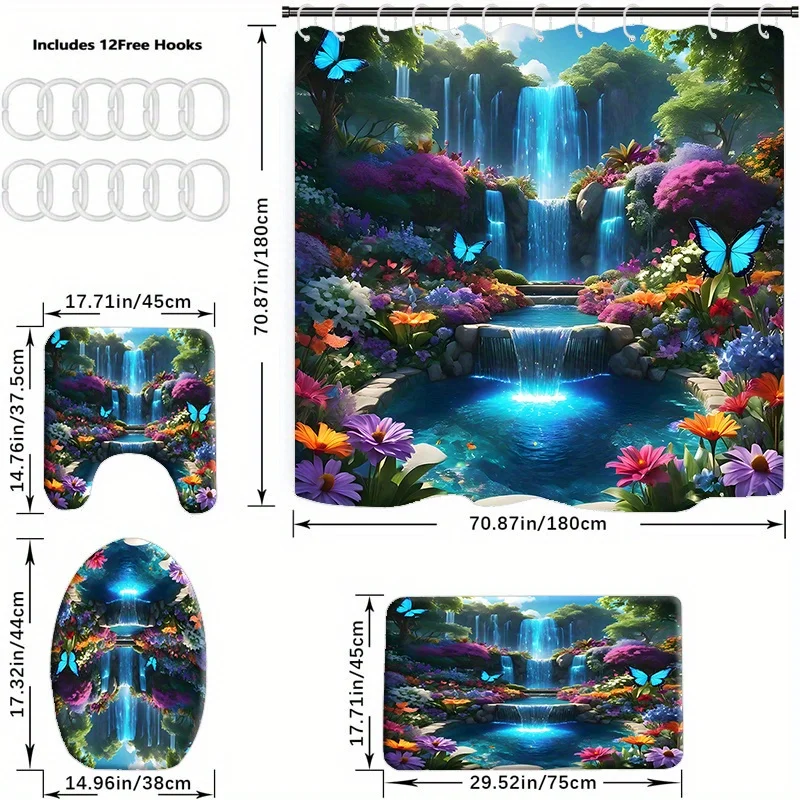 Waterfall Butterfly Shower Curtain Set 4Pcs, Floral Forest Print Waterproof Bathroom Curtain with Non-Slip Rugs