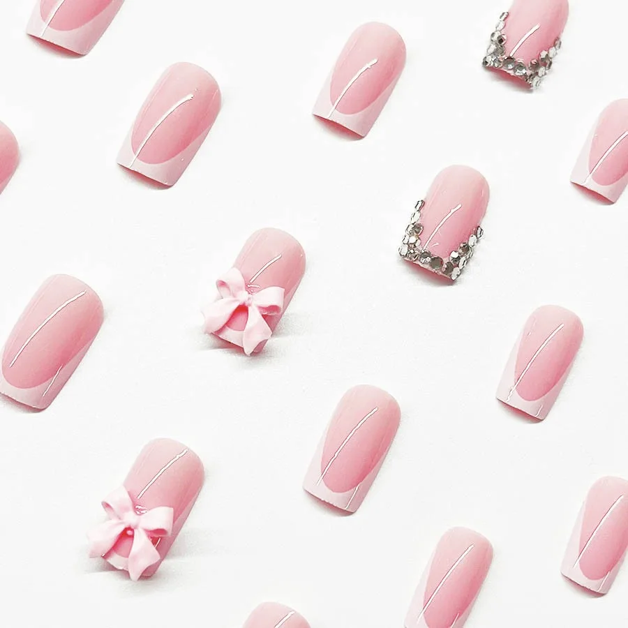 24Pcs Pink Press-On French Nails Set Square Full cover Fake Nail with 3D Bow&Glitter Rhinestones White Nail Tips for Women&Girls