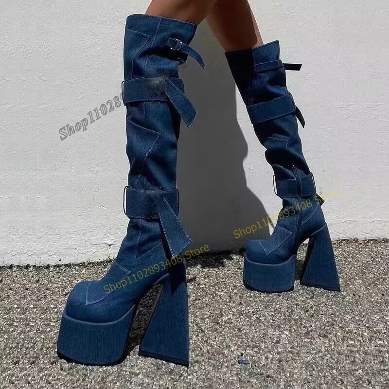 

Blue Demin Platform Over the Knee Boots Buckle Strap Chunky Heel Zipper Y2K Women Shoes 2023 Fashion Sexy Zapatos Para Mujere