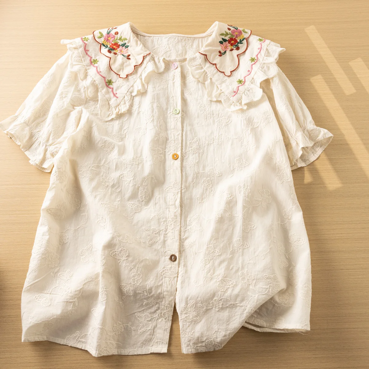 女の子のための綿の半袖Tシャツ,パンの襟,刺embroidered,moriの女の子,カジュアル,大きくて柔らかいブラウス,新しい,夏,秋,t467103qc,2024