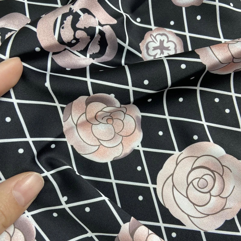 French Luxury Brand LOGO Printed Polyester Satin Fabric Soft Garment Shirt Fabrics Cloth Per Meter for Dress