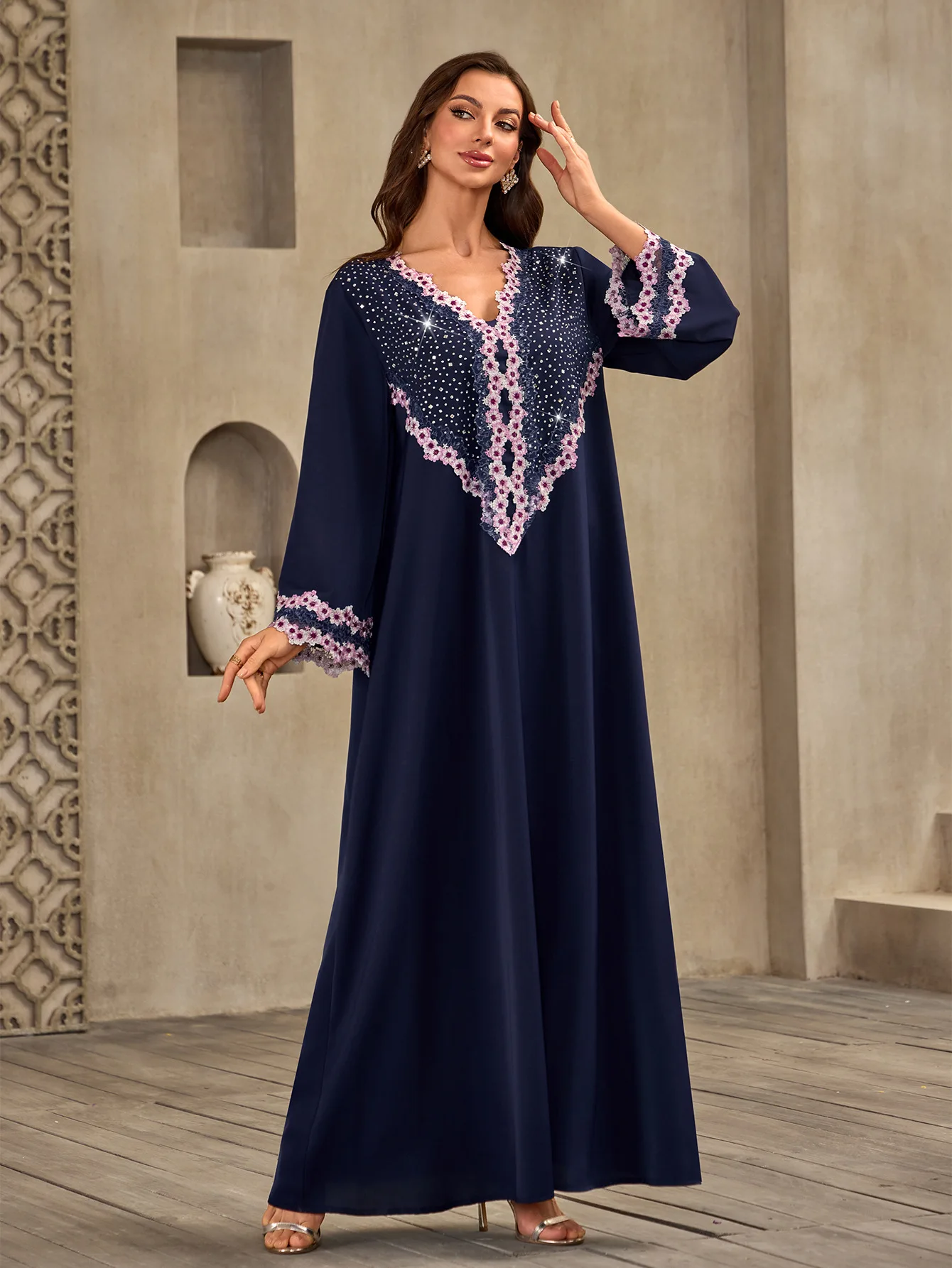 Dubai Arab Muslim 2026 New Fashion Women's Loose Elegant Luxury Navy V-neck Long Sleeve Ankle Length Abaya Female Dress Clothes