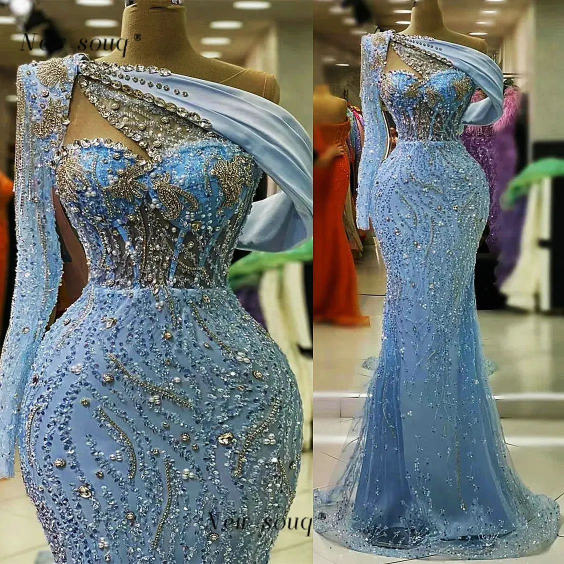 

Fashion Sky Blue One Shoulder Mermaid Evening Dresses Long Classy Formal Night Party Gowns Features Sparkle Silver Crystals