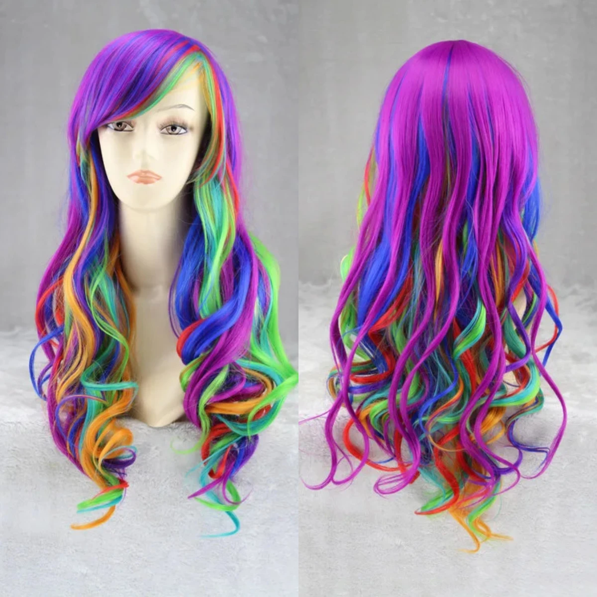 Simmostrador peruca de cabelo sintético, peruca longa cosplay arco-íris em várias cores sintético, resistente ao calor para festa