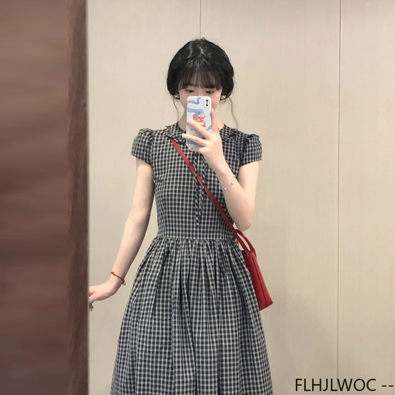 Abiti vintage carini Donna Estate Manica corta Retro Mori Ragazze Vita sottile Stile coreano Abito camicia scozzese in cotone dal design giapponese