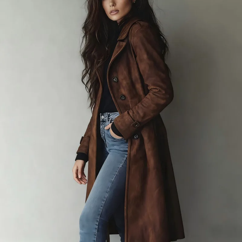 Women Lapel Long Trench Coat Double Breasted Vintage Warm Winter Outerwear