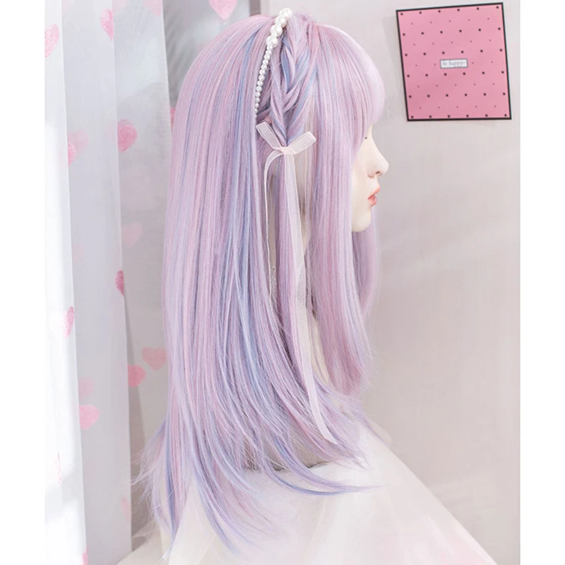 VICWIG Lolita Wig Synthetic With Bangs for Women Long Straight Pink Purple Hair Wig Cosplay Party Heat Resistant