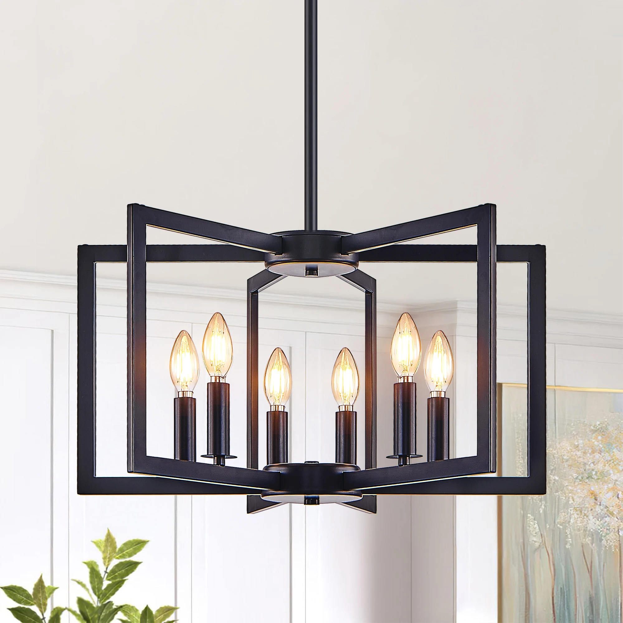 

22" Modern Black Geometric 6-Light Chandelier, Industrial Metal Pendant Light Fixture for Living Room, Dining Room (No Bulb)