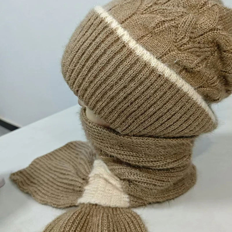 Зимняя вязаная шапка Skullies, комплект шарфов, морозостойкий шарф для защиты ушей, теплые шапочки для девочек, велосипедные ветрозащитные женские уличные шапки