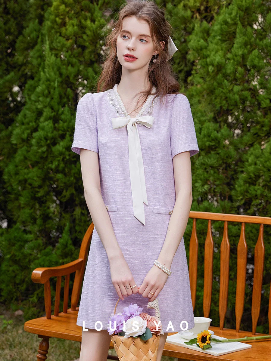 

LOUIS YAO 2025 Summer Bow A-line Skirt New Elegant Lace Up Contrast Splicing Non Elastic Women's Dress