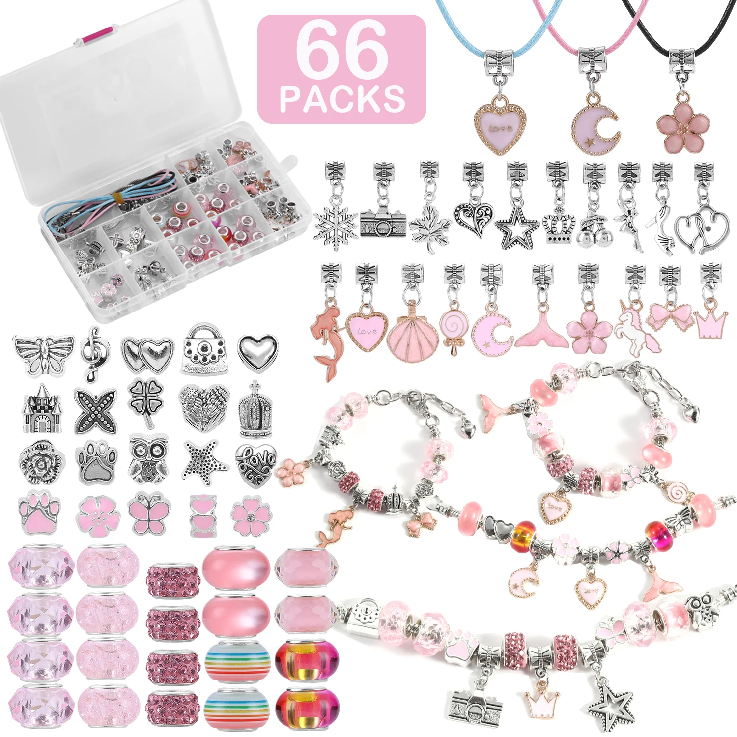 

66pcs plastic box jewelry making set, DIY craft beading set, including pink beads, pendants, suitable for necklace bracelet DIY