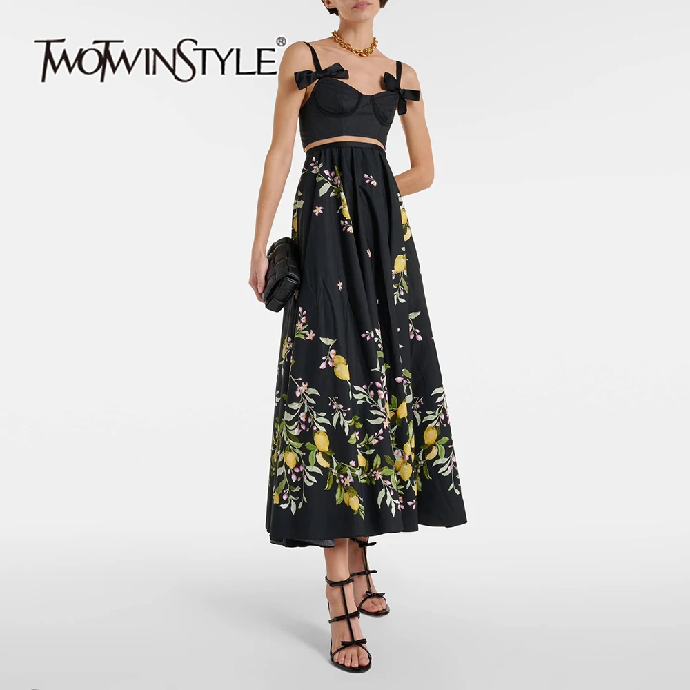 

TWOTWINSTYLE Hit Color Printing A Line Dresses For Women Square Collar Sleeveless High Waist Patchwork Bowknot Chic Dress Female