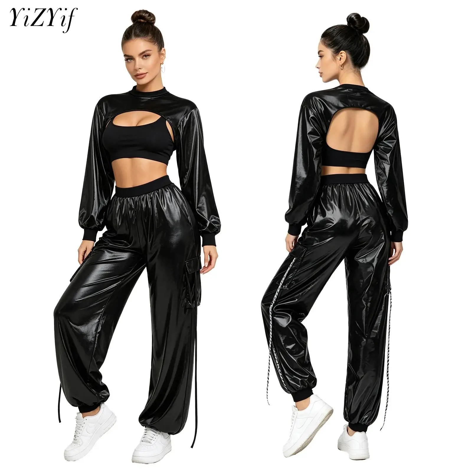 Women's Hip Hop Metallic Shiny Outfits Long Sleeve Cutout Crop Tops And Cargo Pants Jazz Dance Disco Rave Clubwear Streetwear