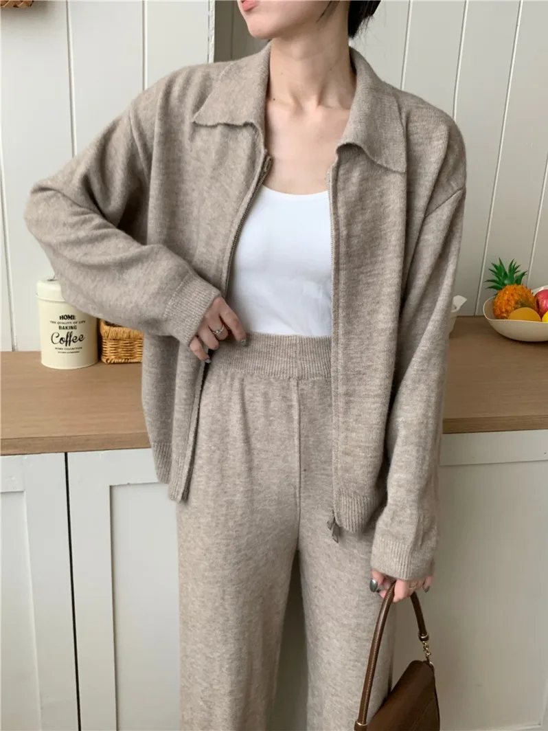 Seoulish 2024 Autumn Winter New Style Zipper Collar Sweater Set Fashion Korean Style Knitted Sweater Casual Pants Two Piece Set