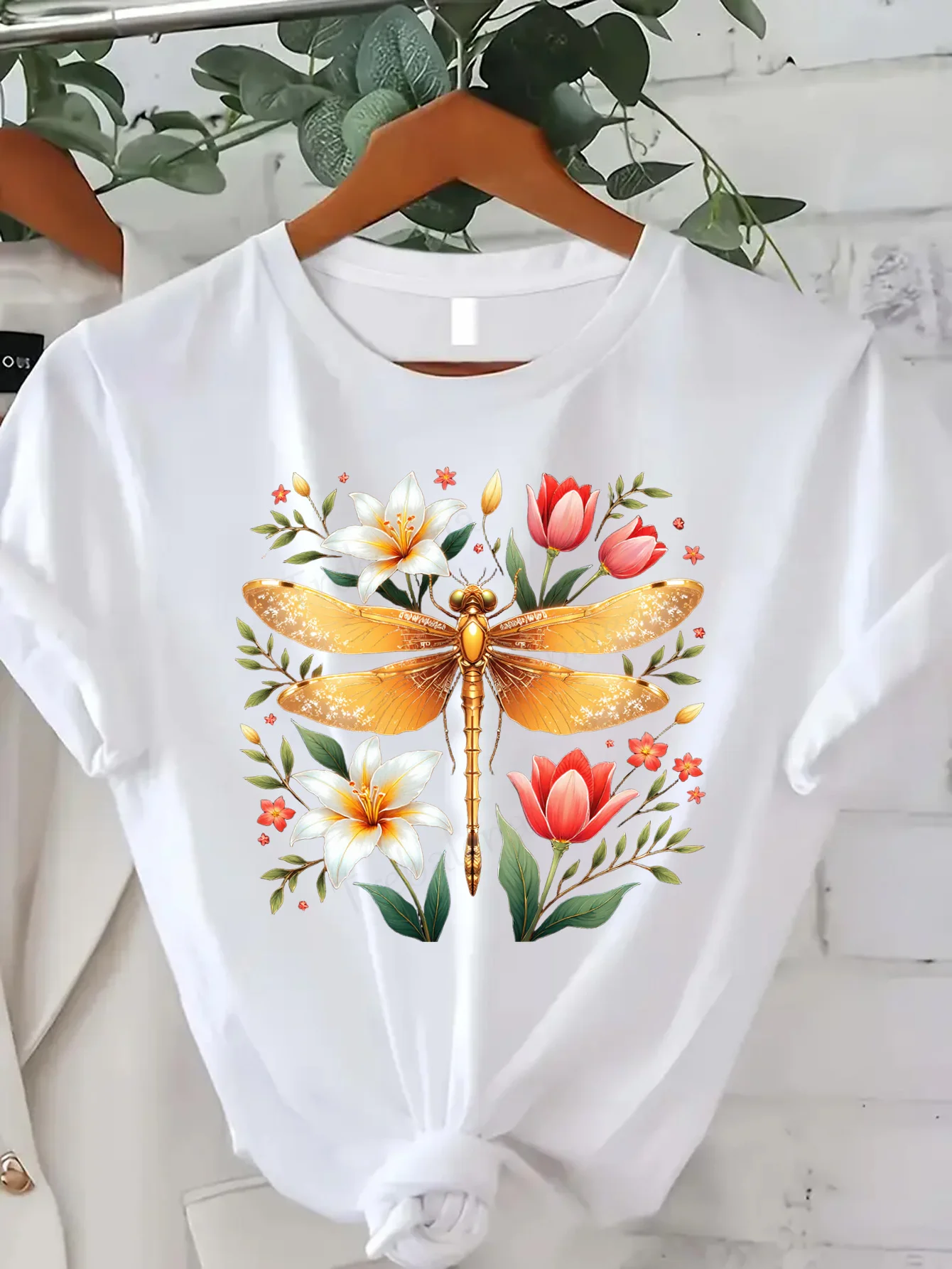 

Comfortable Women's Print T-shirt Golden Dragonfly Floral Print Women's T-Shirt, Casual Summer Style