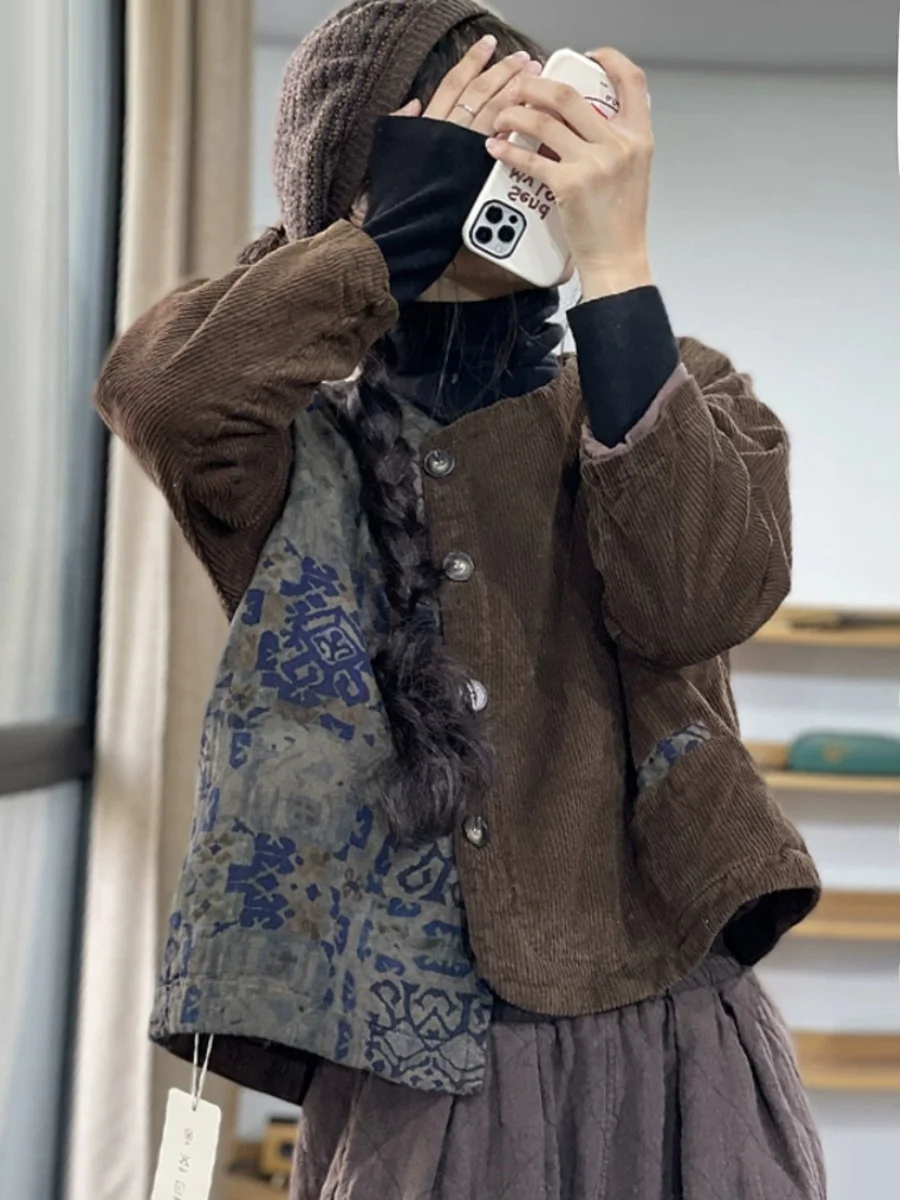 

Утепленная хлопковая фланелевая куртка с асимметричным принтом в стиле ретро, цветные блоки, женская свободная куртка с длинными рукавами и воротником