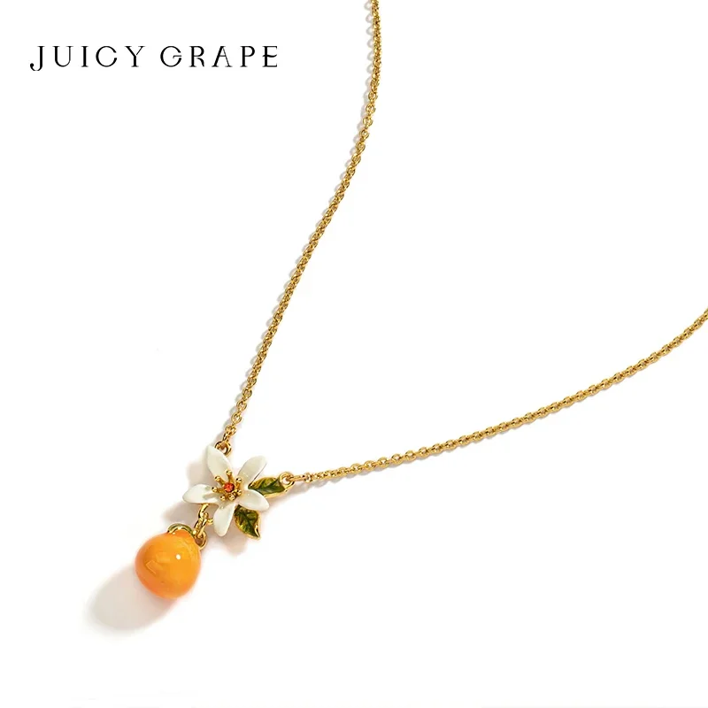 

Juicy Grape Orange Lady Necklace Gardenia Necklace Orange Floral Fruit Necklace Enamel Fine Gifts for Women 18K Gold Plated