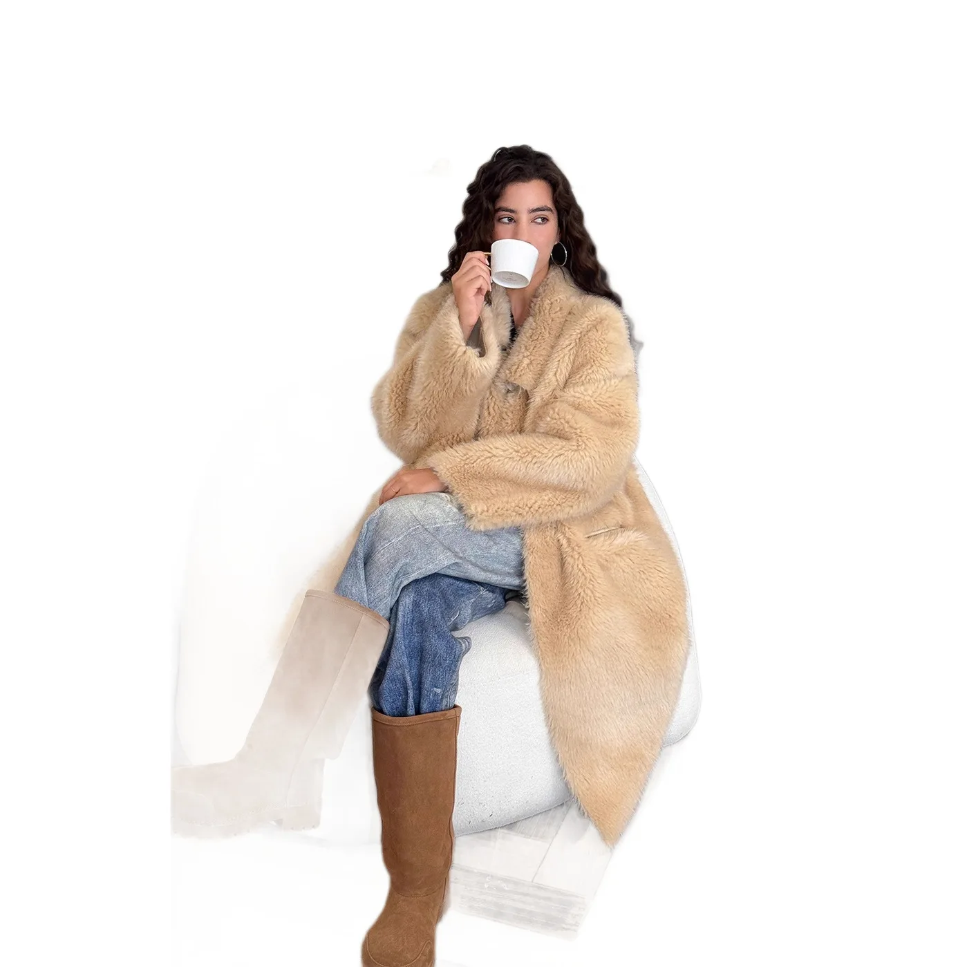 سترة نسائية شتوية من الفرو الصناعي من KIDCRKJ بياقة كاكي وطية صدر واحدة معطف فرو صديق للبيئة للسيدات ملابس خارجية طويلة بمزاجية للسيدات #5