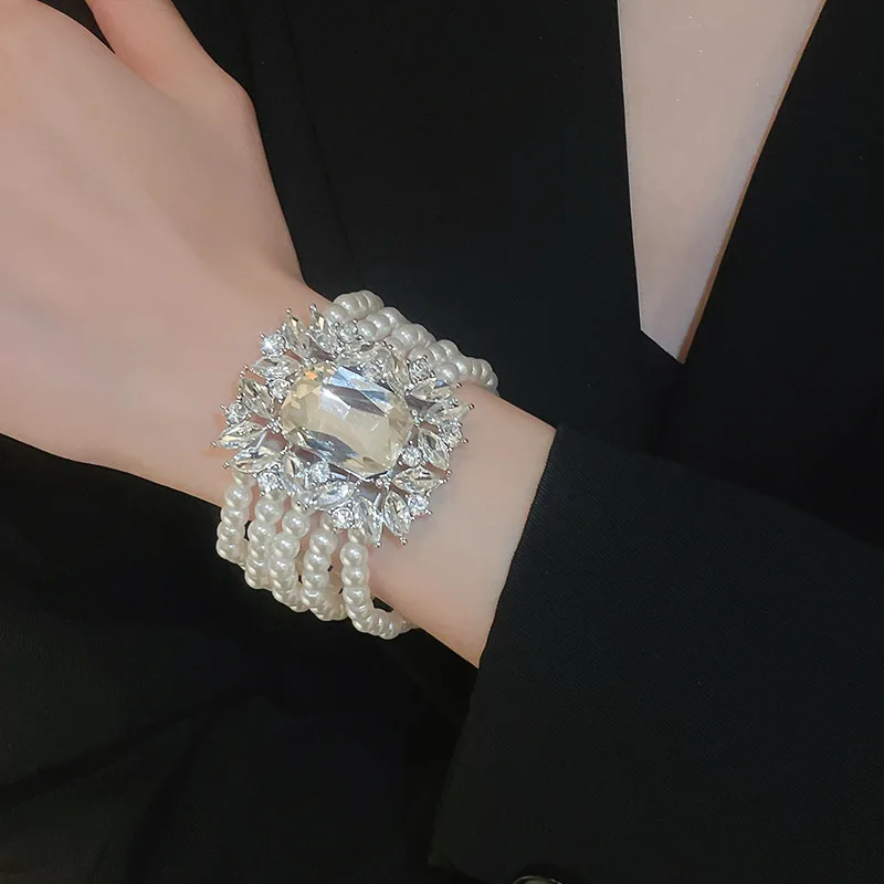 Shiny Big Square Zircon Bracelets Elegant Imitation Pearl Multi-layer Chain Bracelets Bangles for Women Party Wedding Wristbands