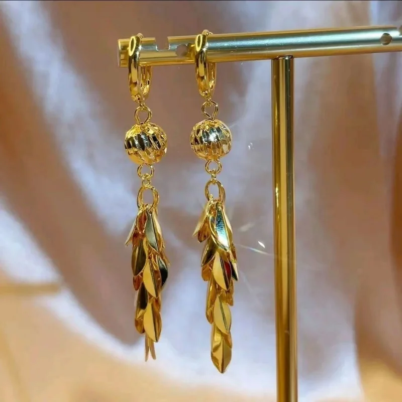 Light Luxury 24K 999 Gold Wheat Long Tassel Drop Earrings For Women – Celebrity Elegant Style Fashion Earrings