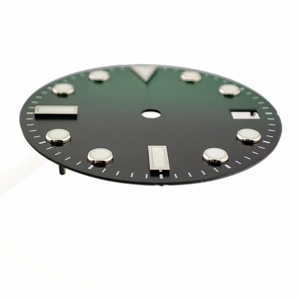 28,5 mm Zifferblatt, einzelnes Kalenderzifferblatt, blau-grünes Leuchtzifferblatt, passend für NH35/36/34 Uhrwerkszubehör, anpassbares Logo-Uhrenzifferblatt