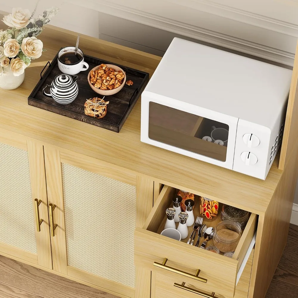 Armário de despensa de vime, despensa de cozinha de 71 pol. com suporte para micro-ondas, gaiola independente com gavetas, portas e ganchos, Boho