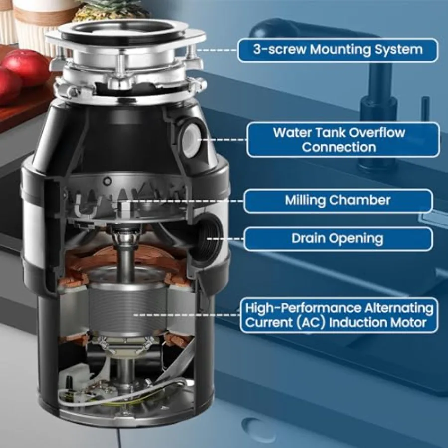 3/4HP Waste Disposal for Sink 4000 RPM Kitchen Food Waste Disposer Kitchen Wastes Disposer Portable Garbage Disposals Tool Sink