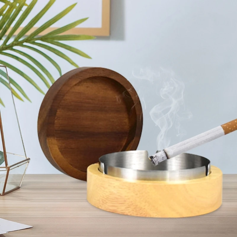 

Decorative Wood Ashtrays with Lid Covered-Windproof Ashtray with Stainless-Steel Liner- Indoor-Outdoor Ash-Tray For Home Decor