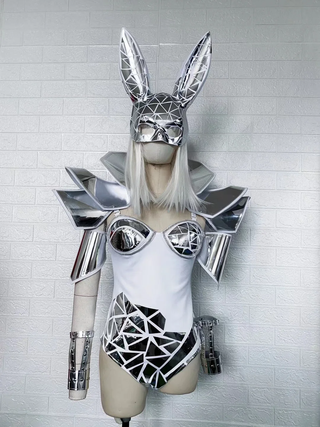 

Future Sense Creative Stage Costume Silver Mask Bodysuit Festival Rave Clothing Nightclub Gogo Dancing Performance Wear