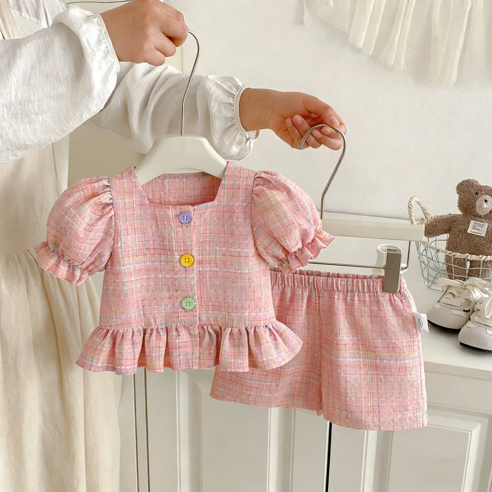 2pc/Set Baby Set Summer Plaid Bubble Sleeve Top Shorts Girls' Clothing Sweet Beach Casual Children's Set Baby Girl Clothing ﻿