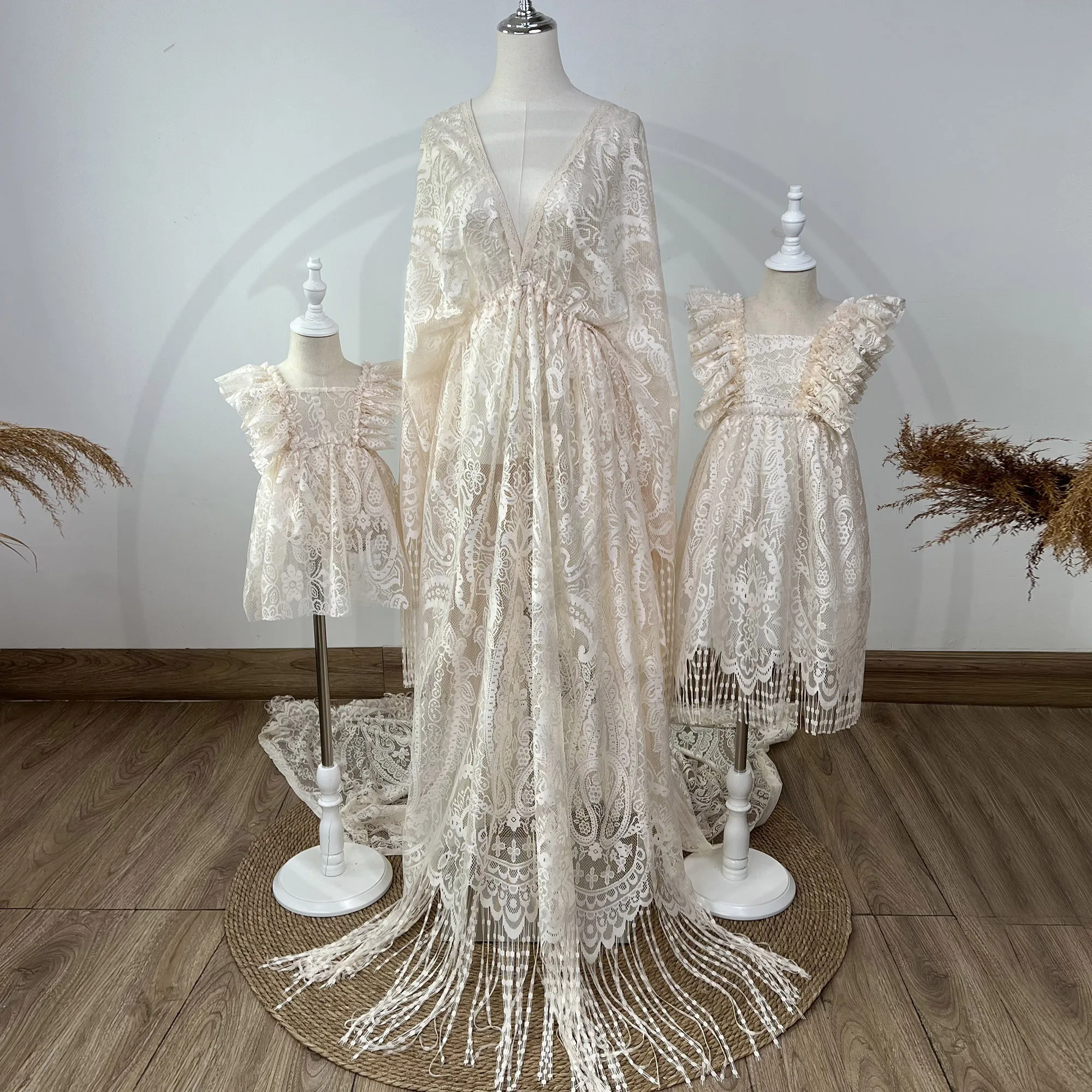 Don&Judy Lace Fringe Maternity Gown Set with Two Matching Child Dresses Deep V Neck Long Sleeve Sheer Tulle Maxi Dress for Photo
