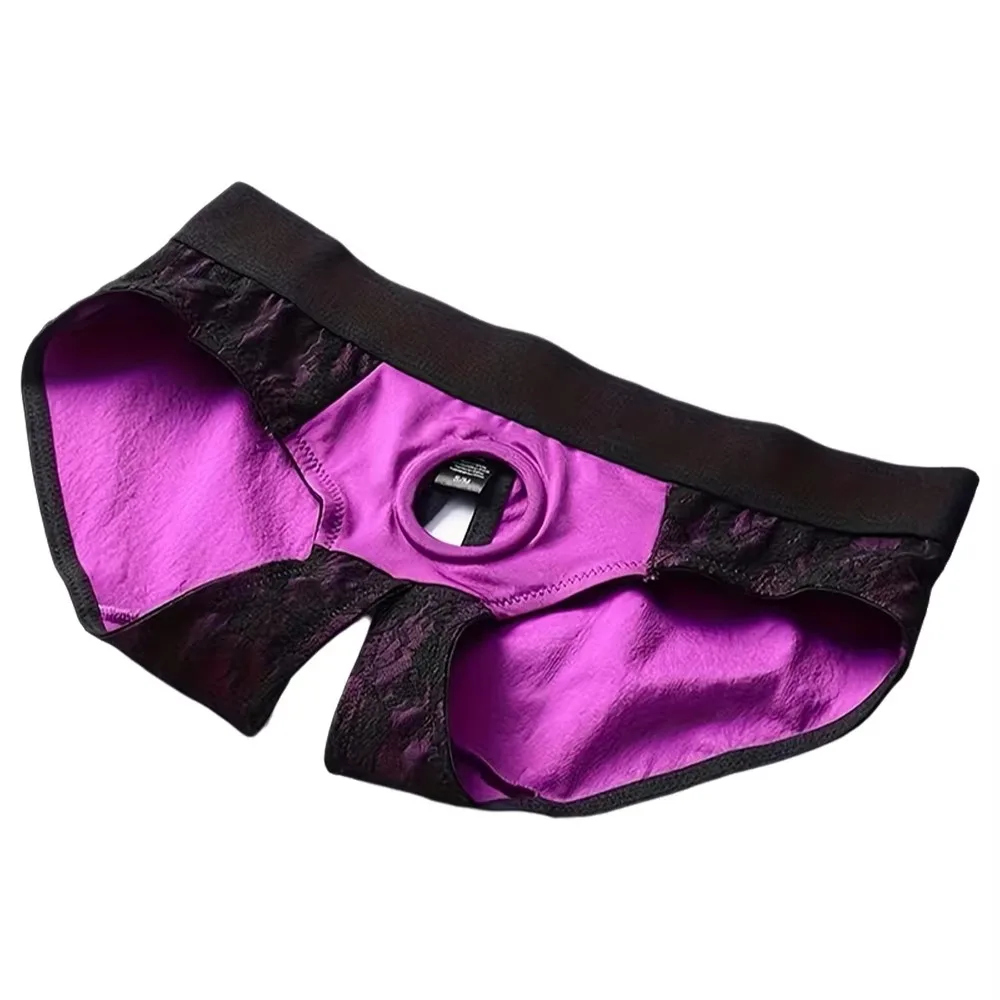 Purple Lace Low-Rise Briefs with Sexy Cut-Out Detail - 1.77inch(4.5cm) Silicone O-Ring Stretch Nylon Strap On Harness Briefs