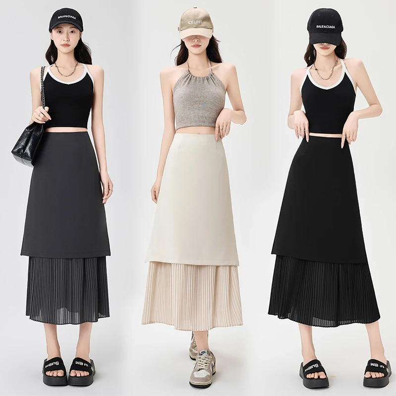 Femmes mode mousseline de soie Patchwork plissé côté fente jupe Midi Vintage taille haute femme Chic bureau dame a-ligne jupes