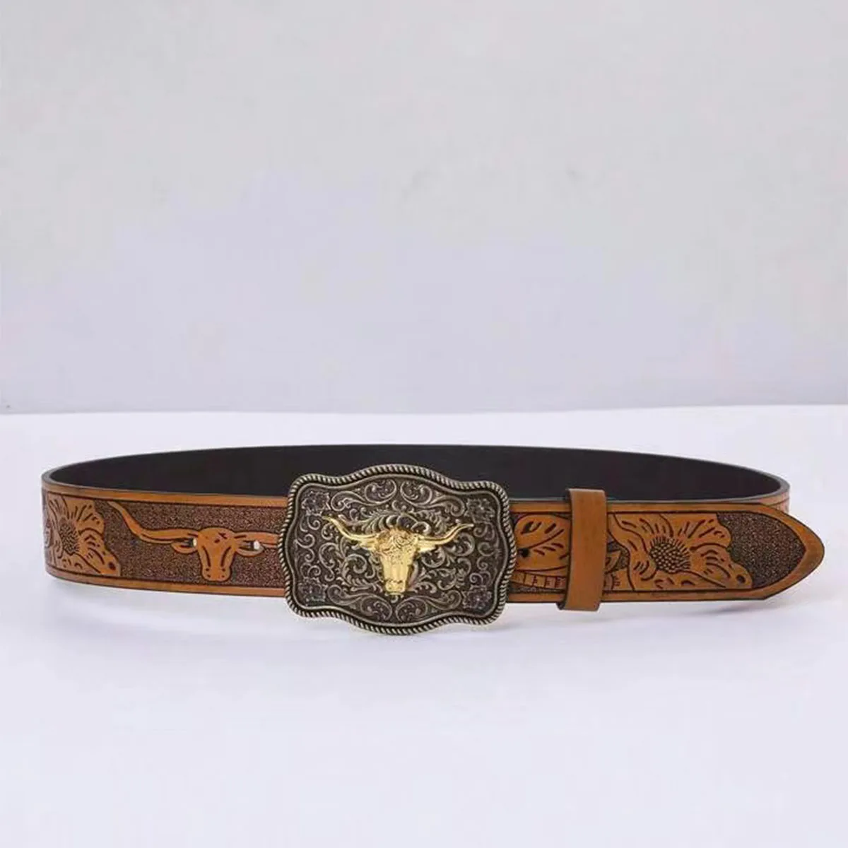 Ma Bian Niu Tou3.7cm wide men's and women's Western bull head denim style bull scalprendy belt smooth buckle