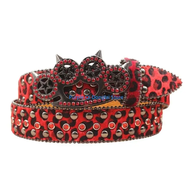 L21E Western Charm Rhinestones Rivets Waist Belt for Women and Men Spotted Design