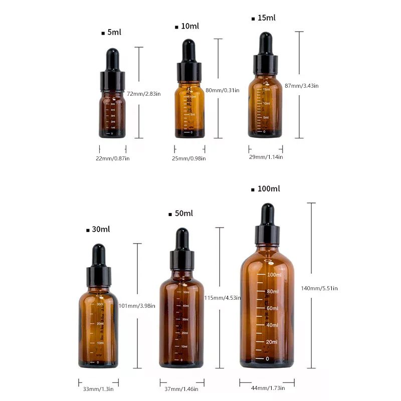 Bottiglie contagocce da 5 ml-100 ml con reagente in scala Goccia per gli occhi Bottiglia per pipetta liquida per aromaterapia in vetro ambrato Bottiglie riutilizzabili da viaggio