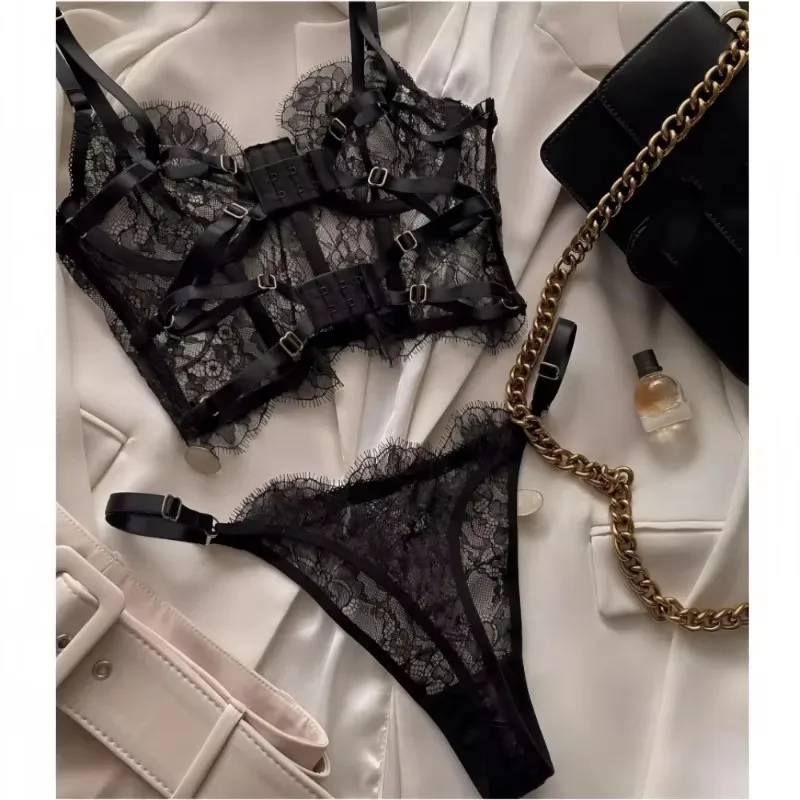 Bustier Floral Lace Sexy Lingerie Set Bra Brief Sets Women Underwear Transparent Unlined Hollow Eyelash Lace Sex Suit