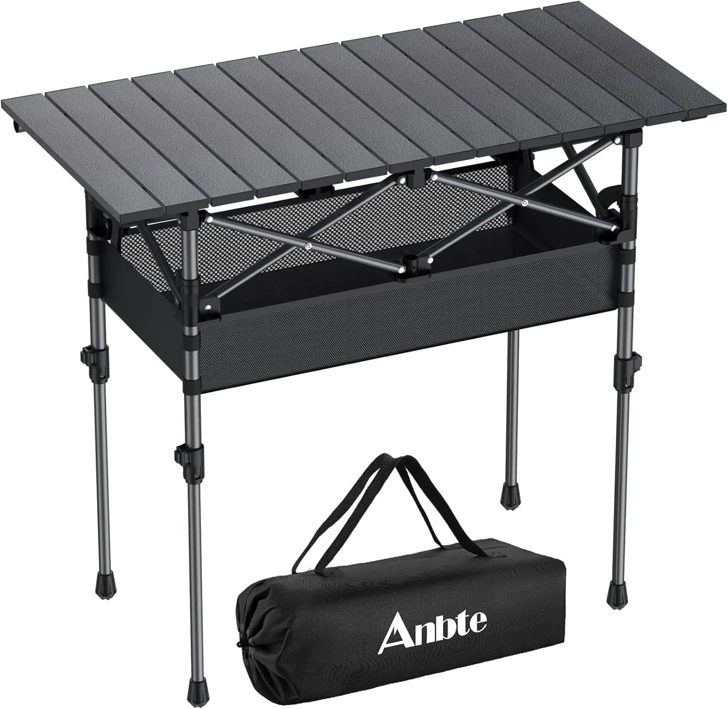Anbte 3 Fuß schwarzer klappbarer Campingtisch mit Aufbewahrungsnetz und Tasche, 2 höhenverstellbare Aluminium-Campingtisch 82 cm x 40 cm