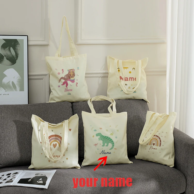 Customizable with Name Mermaid Cute Rainbow Clouds Pastel Dinosaur Canvas Shopping Bag Tote Bag Pouches Childrens Friends Gifts