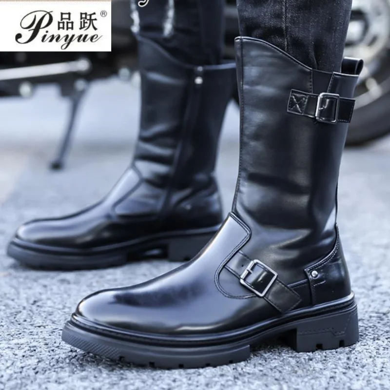 Size 39-48 Men's Fashionable High-Top Leather Boots Fashion Leather Motorcycle Boots Zipper Thick-Sole Cowboy Boots