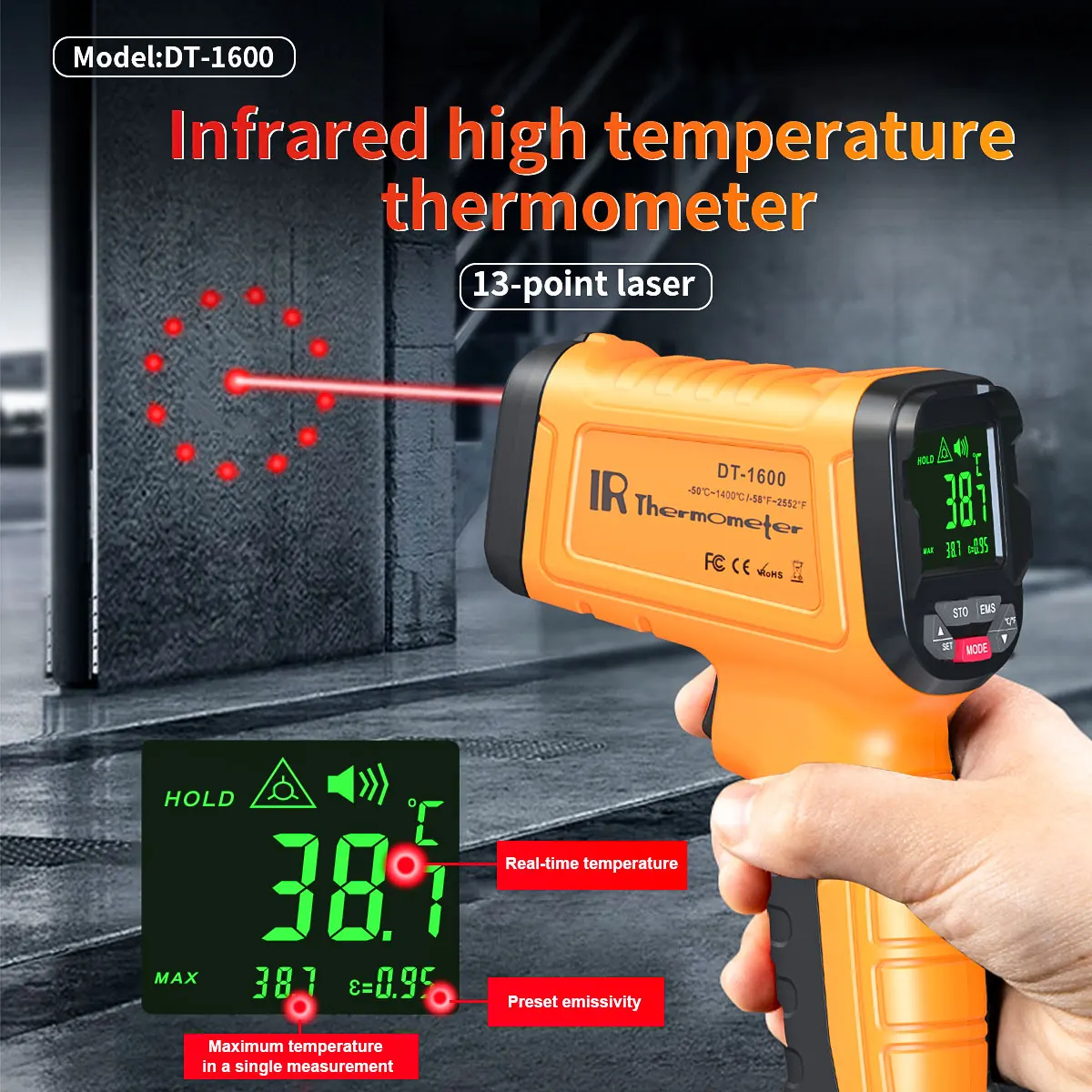 1pc Infrared Thermometer  High Temp Thermometer Pyrometer Non Contact Digital Dual Laser Pointers Flashlight IR Temperature Gun